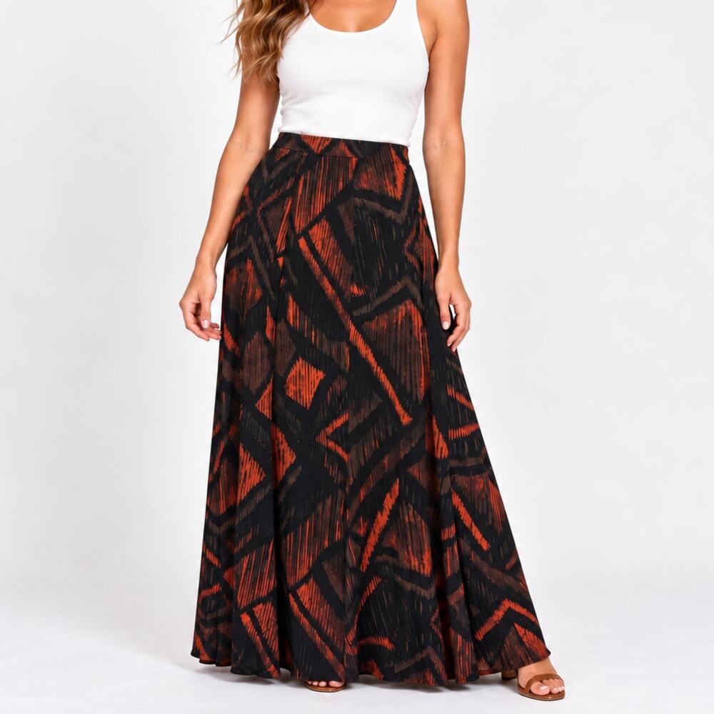 Susan Graver Liquid Knit Maxi Skirt Women's Size M Red Black Office Indie Boho